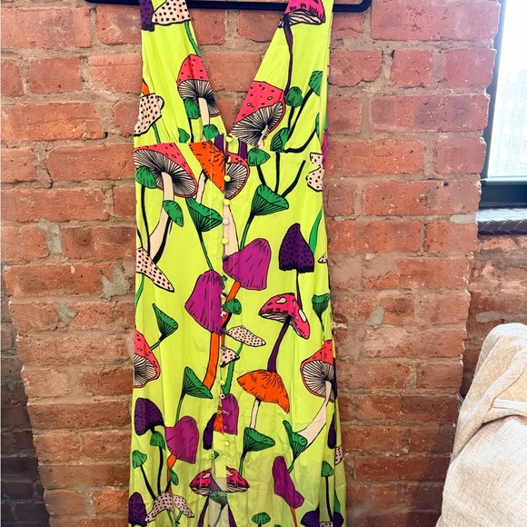 Farm Rio Neon Yellow Mushroom Print Button Front Midi Dress Size XS - Picture 4 of 6